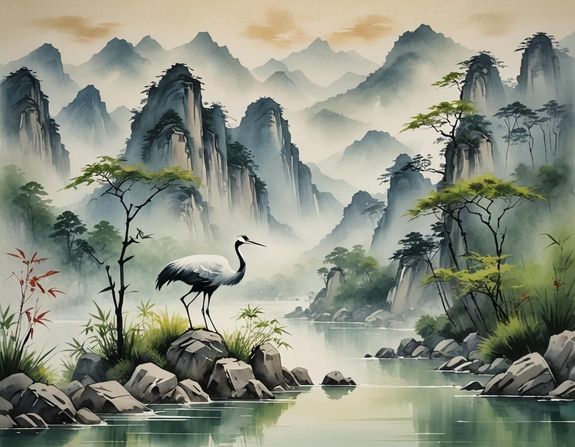 Serene Chinese Watercolor Landscape with Crane