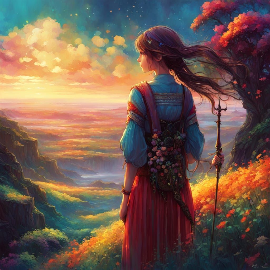 Vibrant Woman in Dreamy Fantasy Landscape