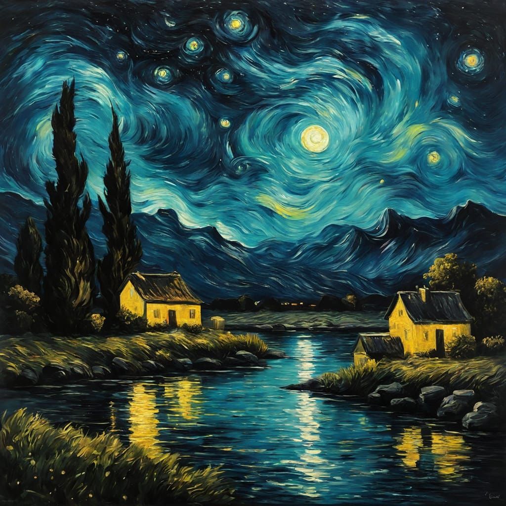 Starry Night Landscape in Impressionist Oil Painting Style