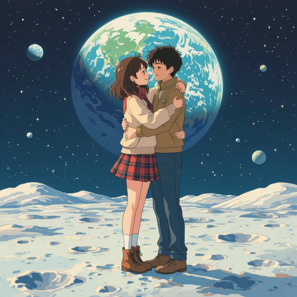 Anime Couple Hugging on the Moon in Vibrant Style