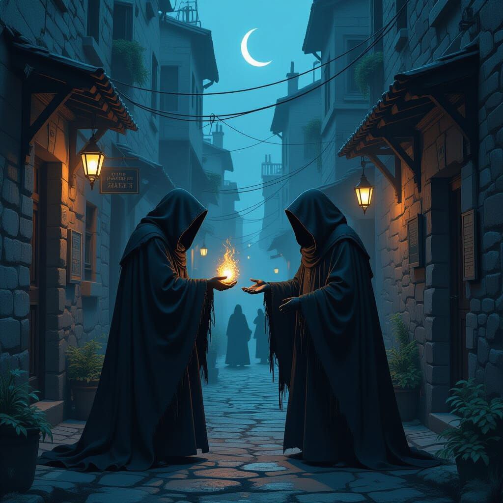 Cloaked Figures Meeting in Moonlit Alleyway