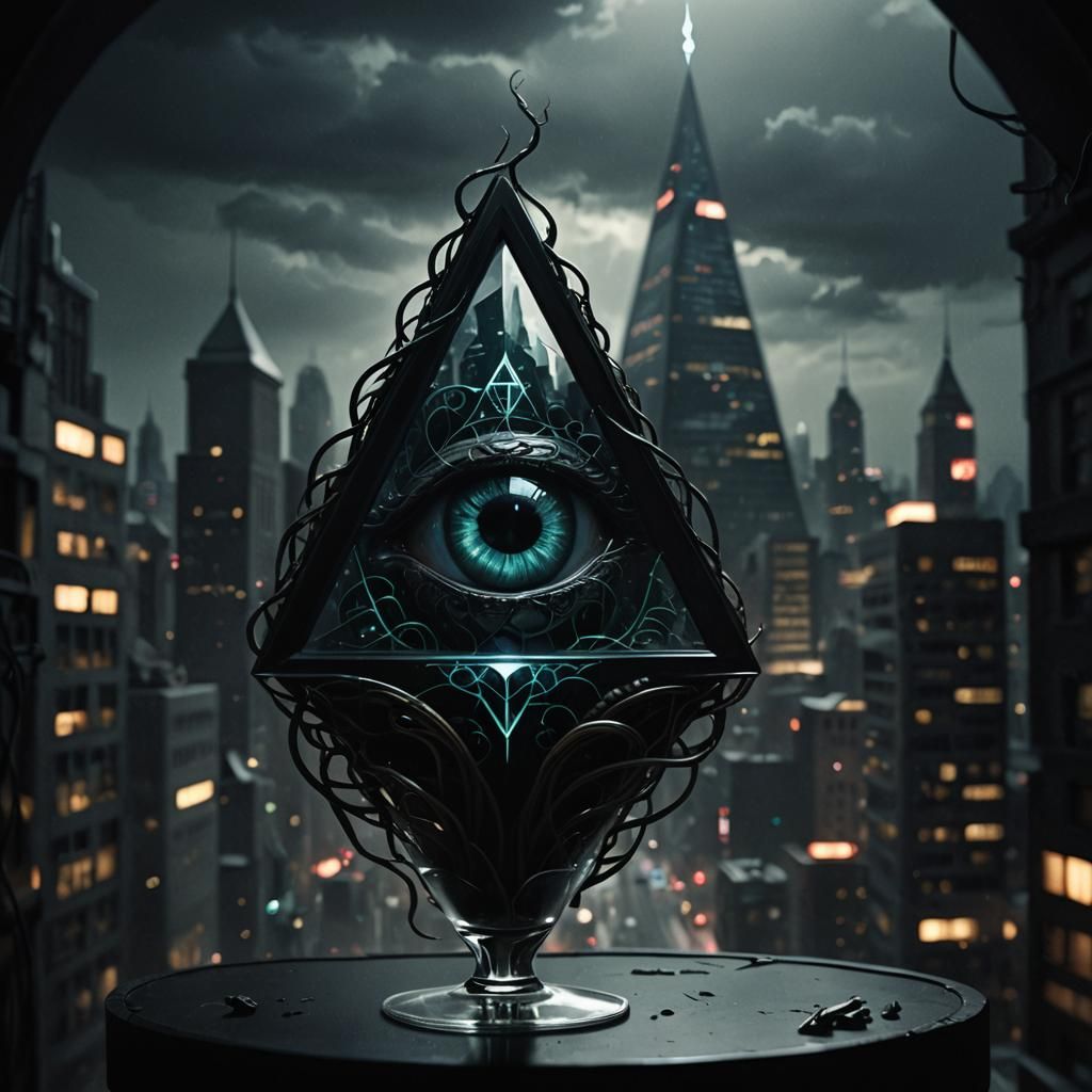 Dark Fantasy Eye and Brain in Futuristic Cityscape