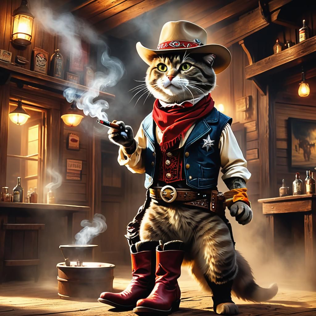 Cowboy Cat Smoking Cigar: Western Concept Art