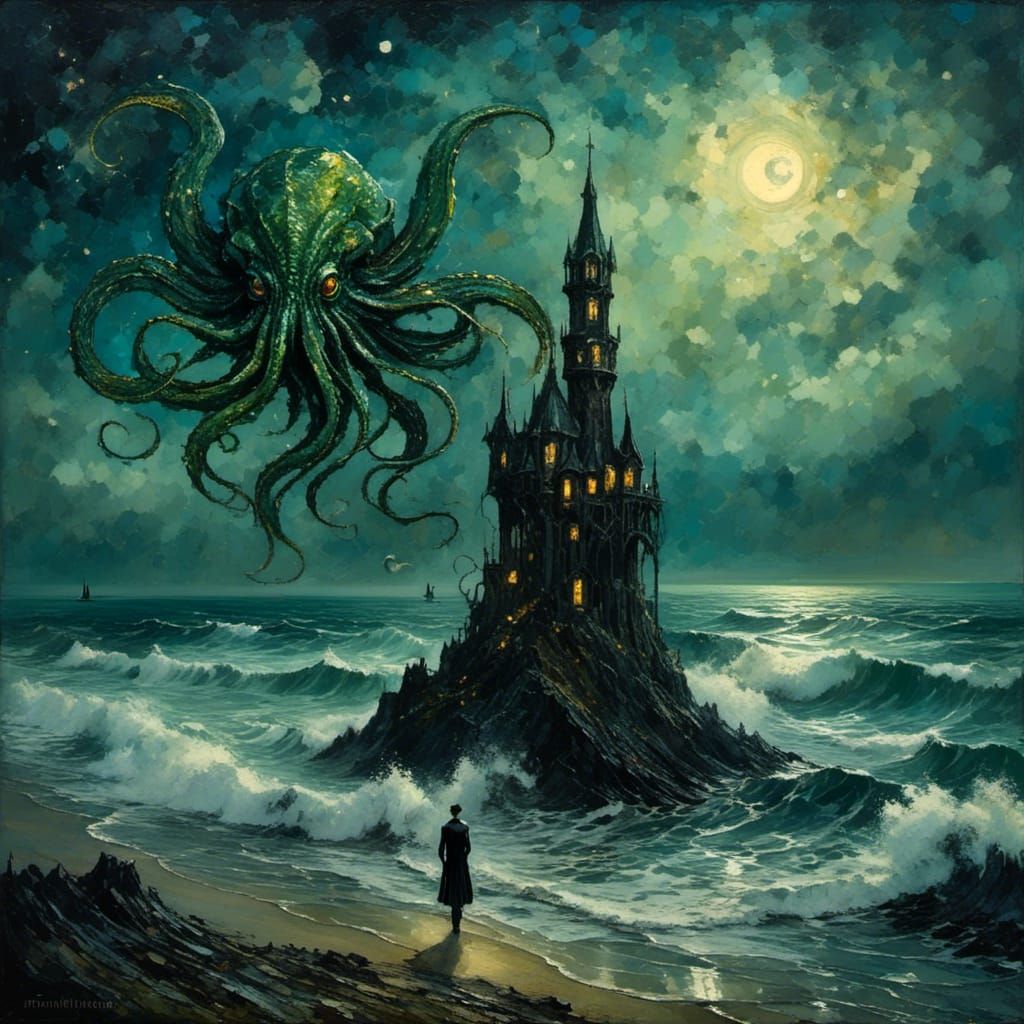 Cthulhu on Beach as Impasto Horror Scene