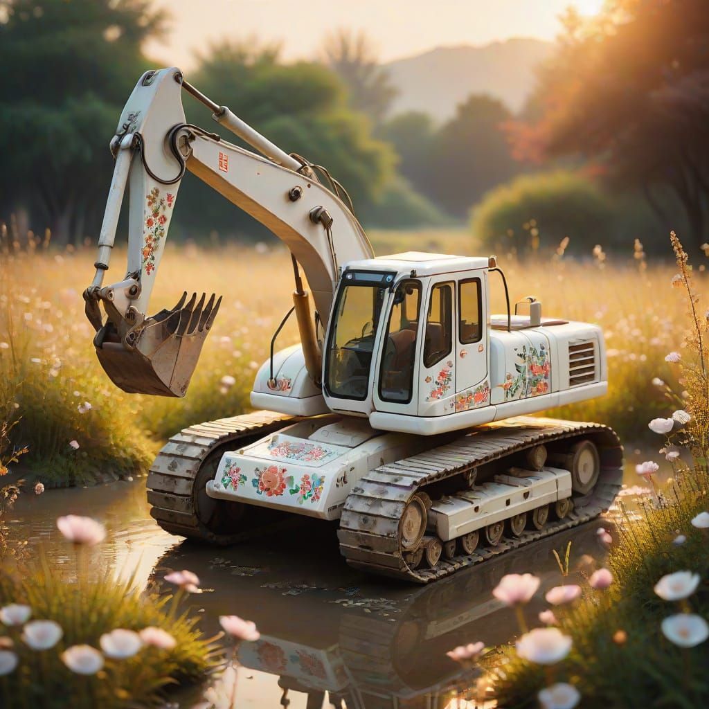 Chinese Porcelain Excavator in a Serene Meadow
