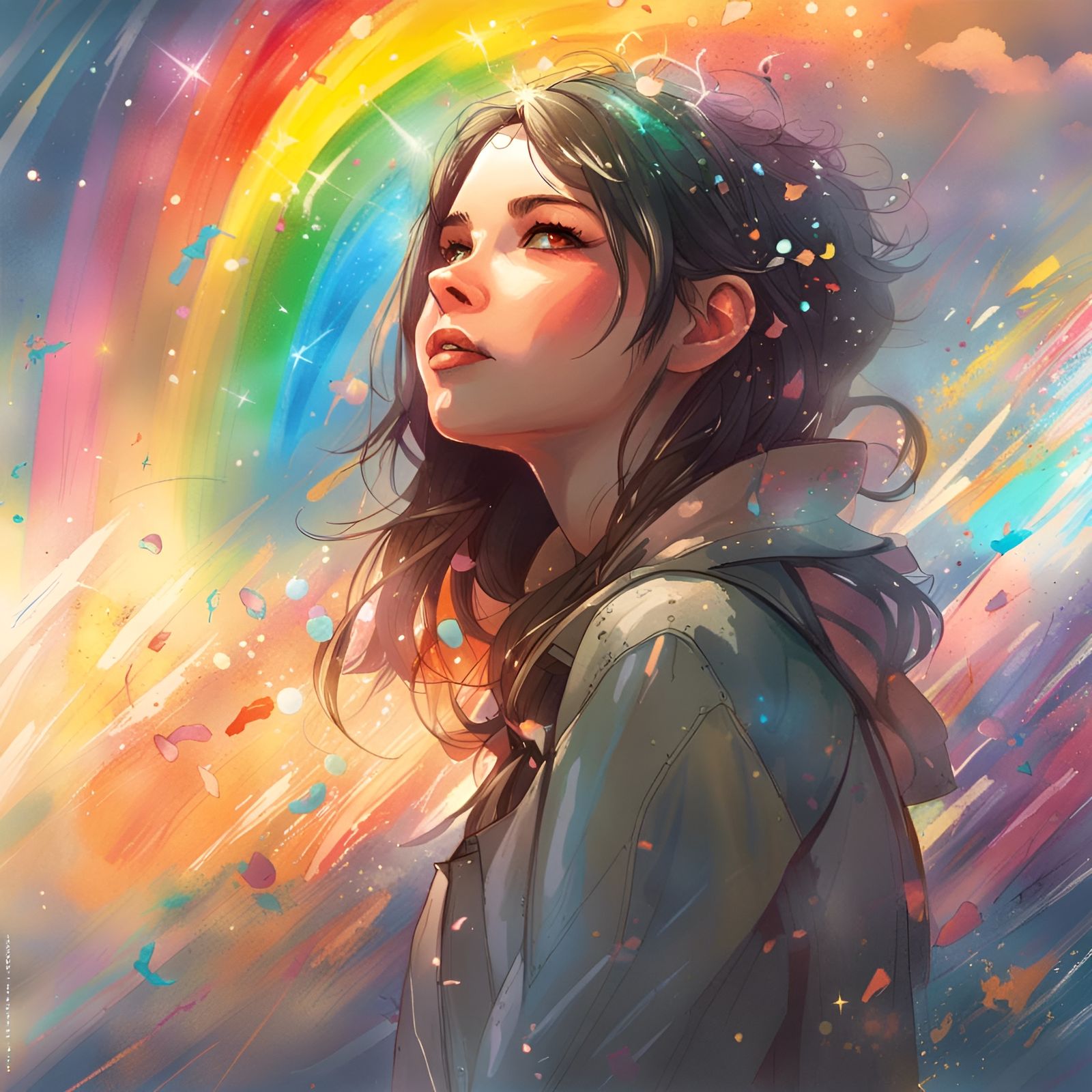 Magical Rainbow Sky with Woman, Digital Painting