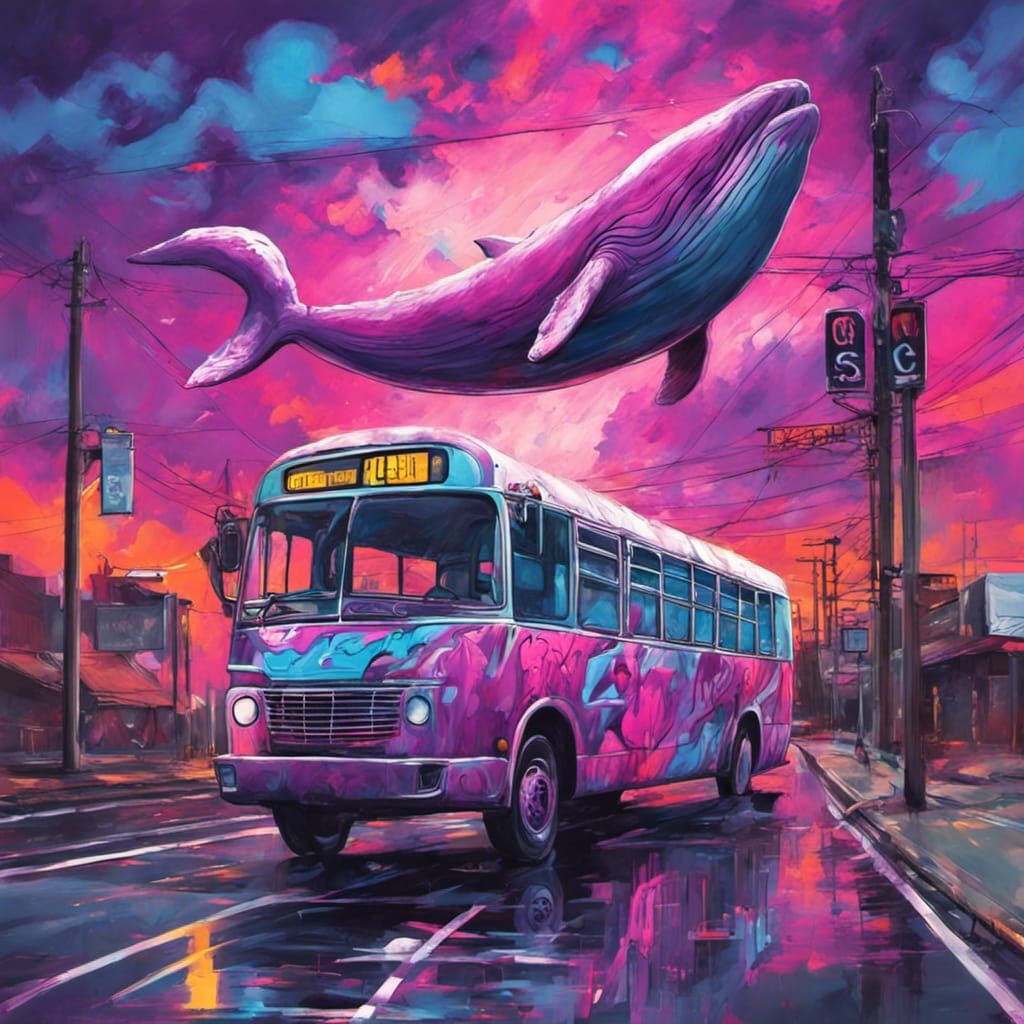 Blue Whale Bus on Road Under Purple Sky