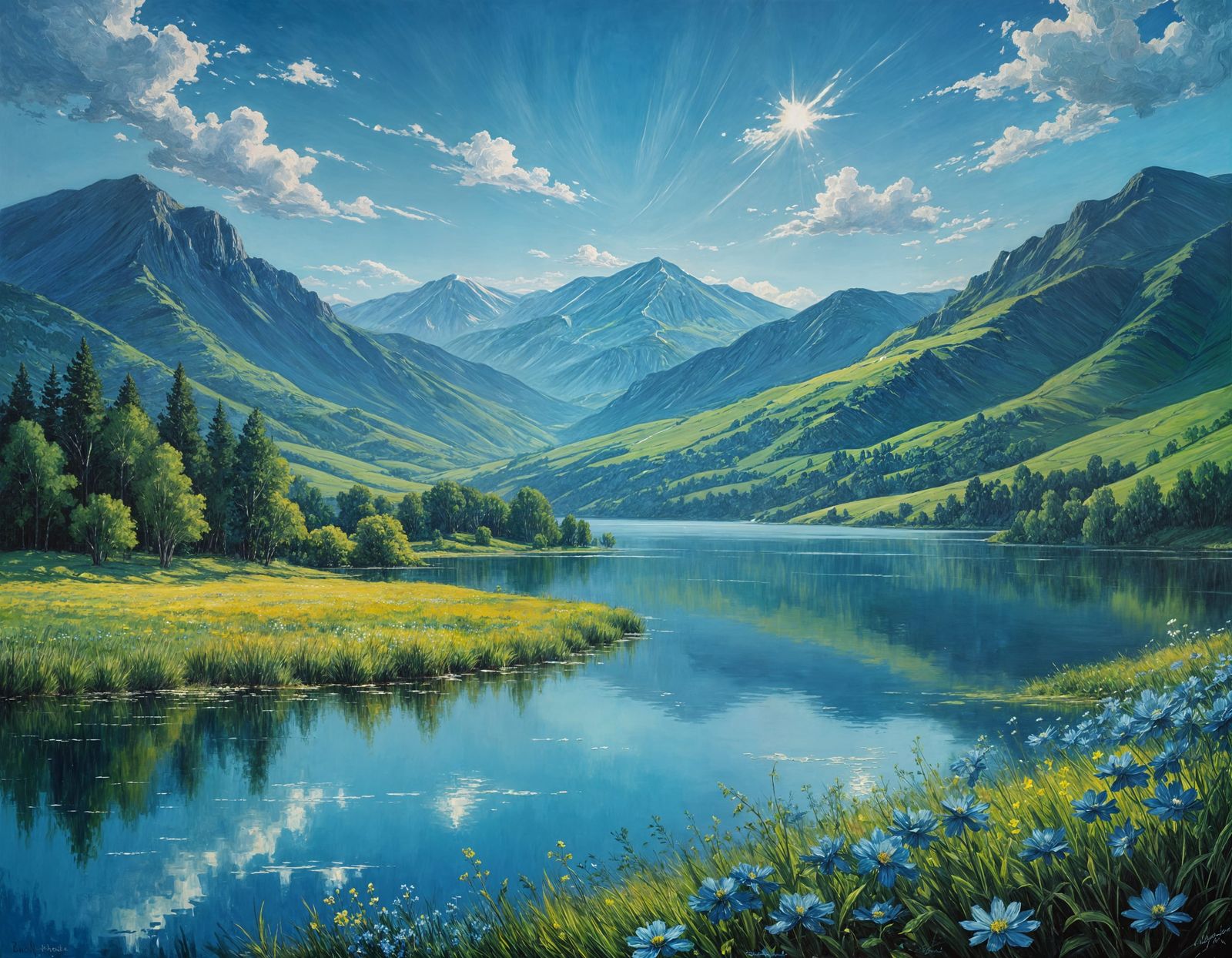 Blue Landscape With Lake in Impressionistic Style