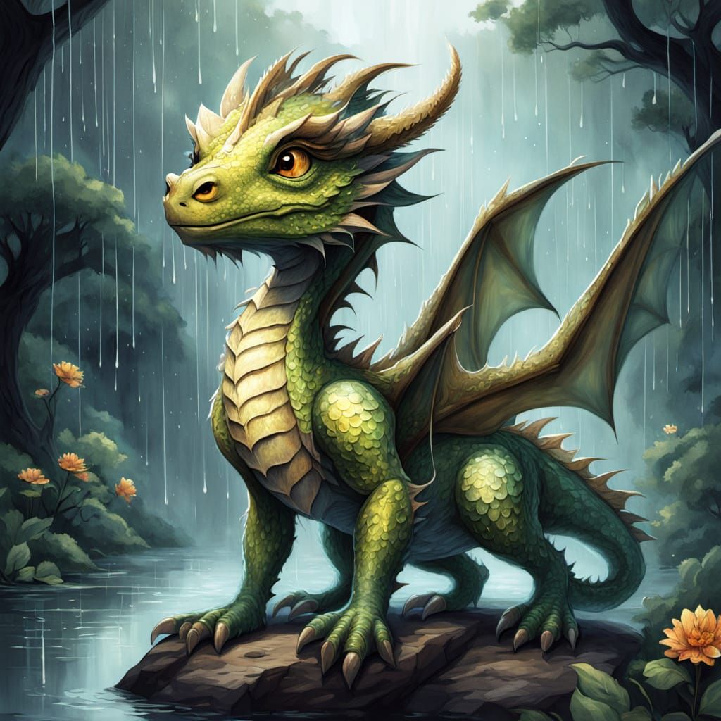 Whimsical Baby Dragon in a Rainy Scene