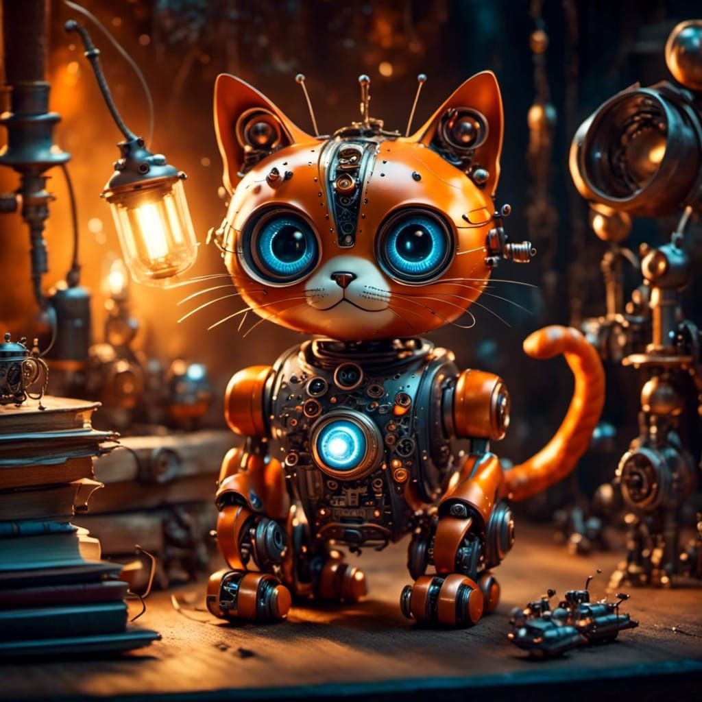 Adorable Orange Robot Kitten with Futuristic Gadgets