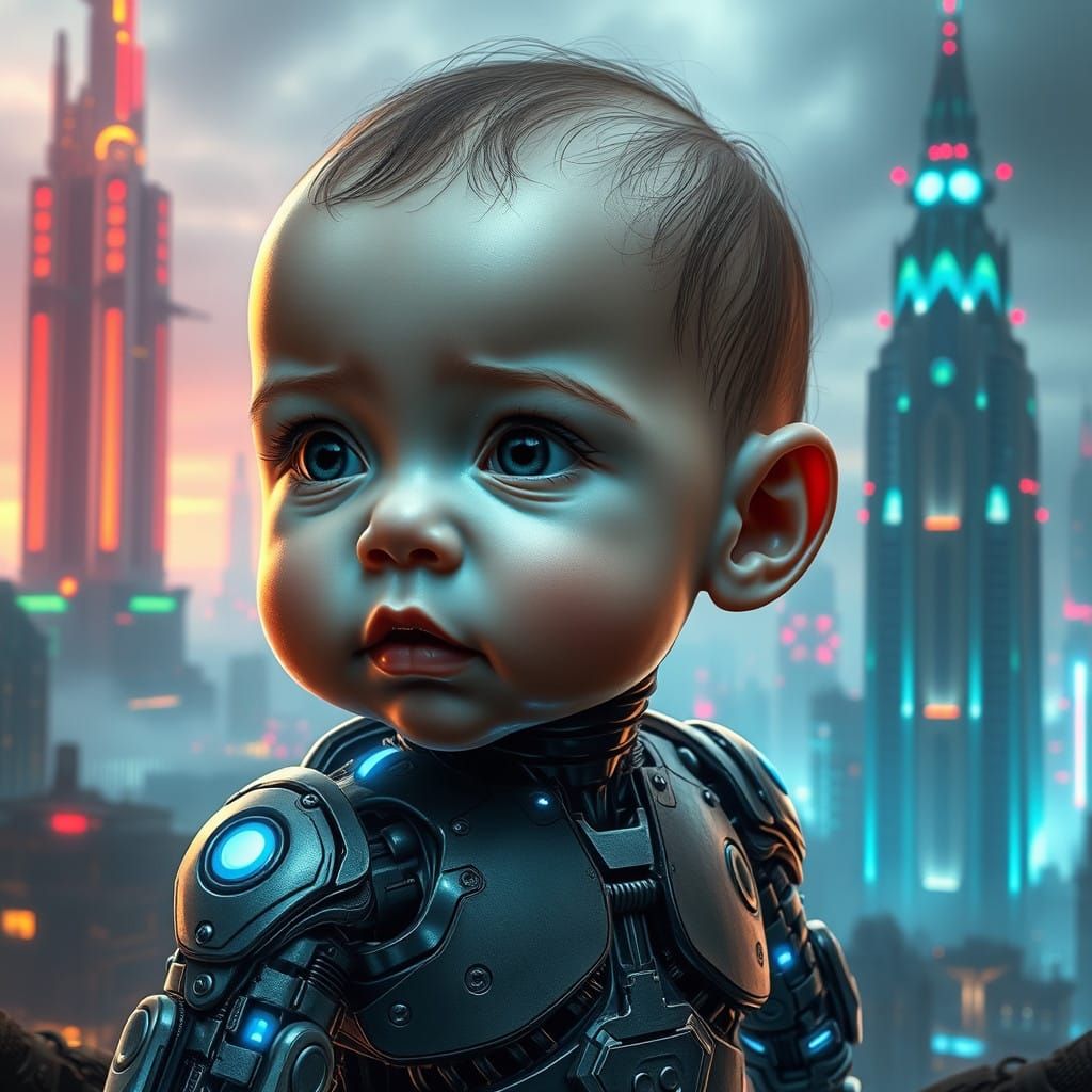 Surreal Hyperrealistic Cyborg Baby in Futuristic Alien Metro...