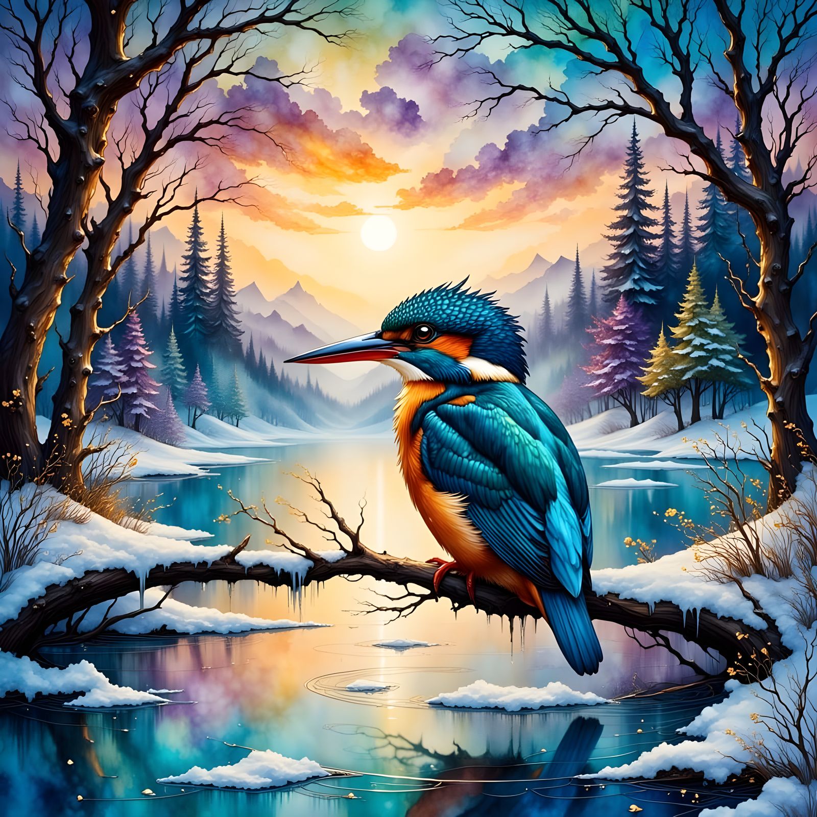 Majestic Kingfisher on a Frosty Lake