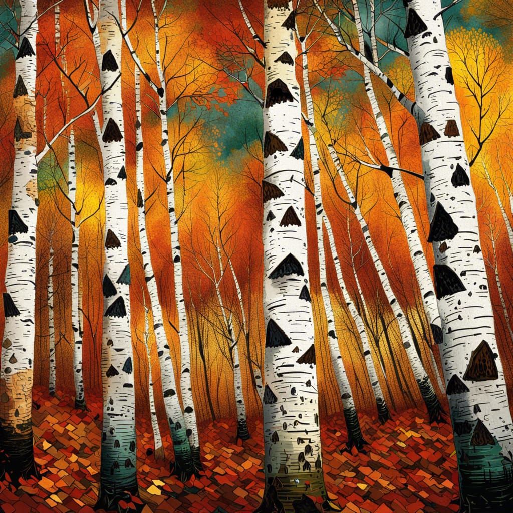 Autumn Birch Forest in Maximalist 3D Style