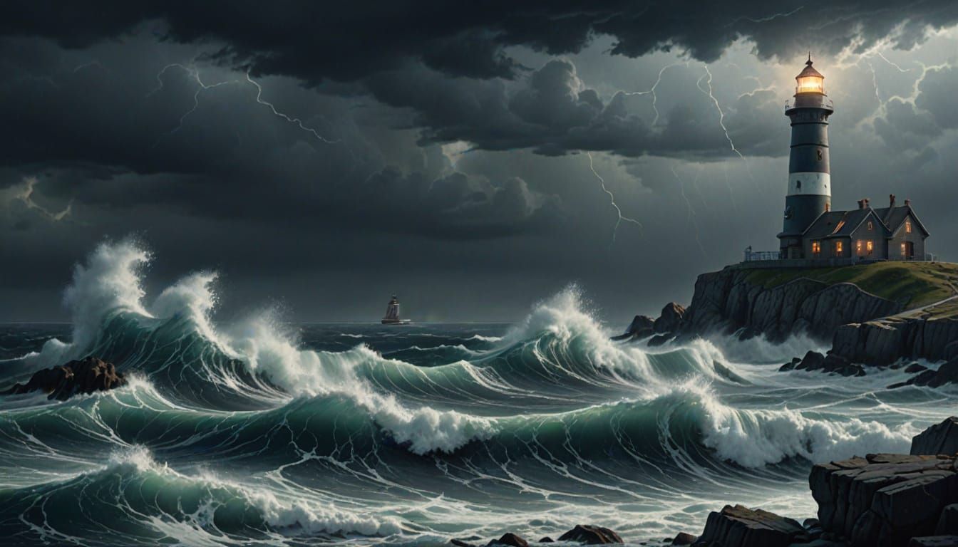 Lighthouse in Stormy Sea: Dramatic Oil Painting