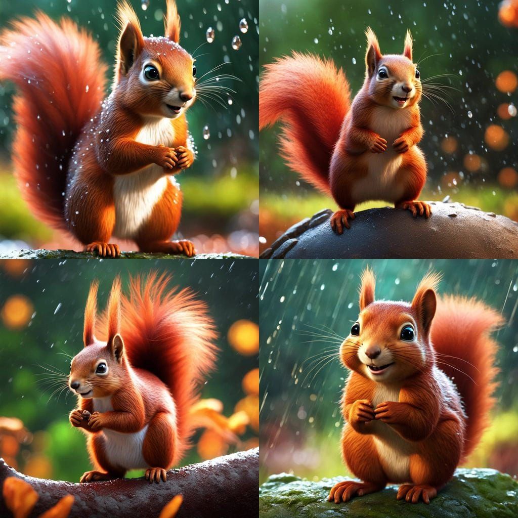 Vibrant Red Squirrel in Rainy Cinematic Scene