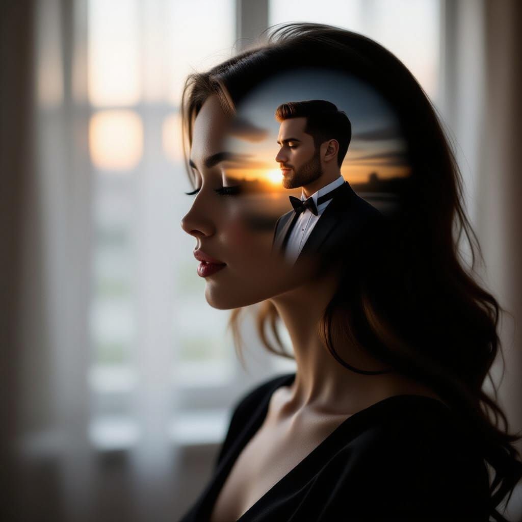 Young Woman Silhouette With Husband's Casket Inside Head