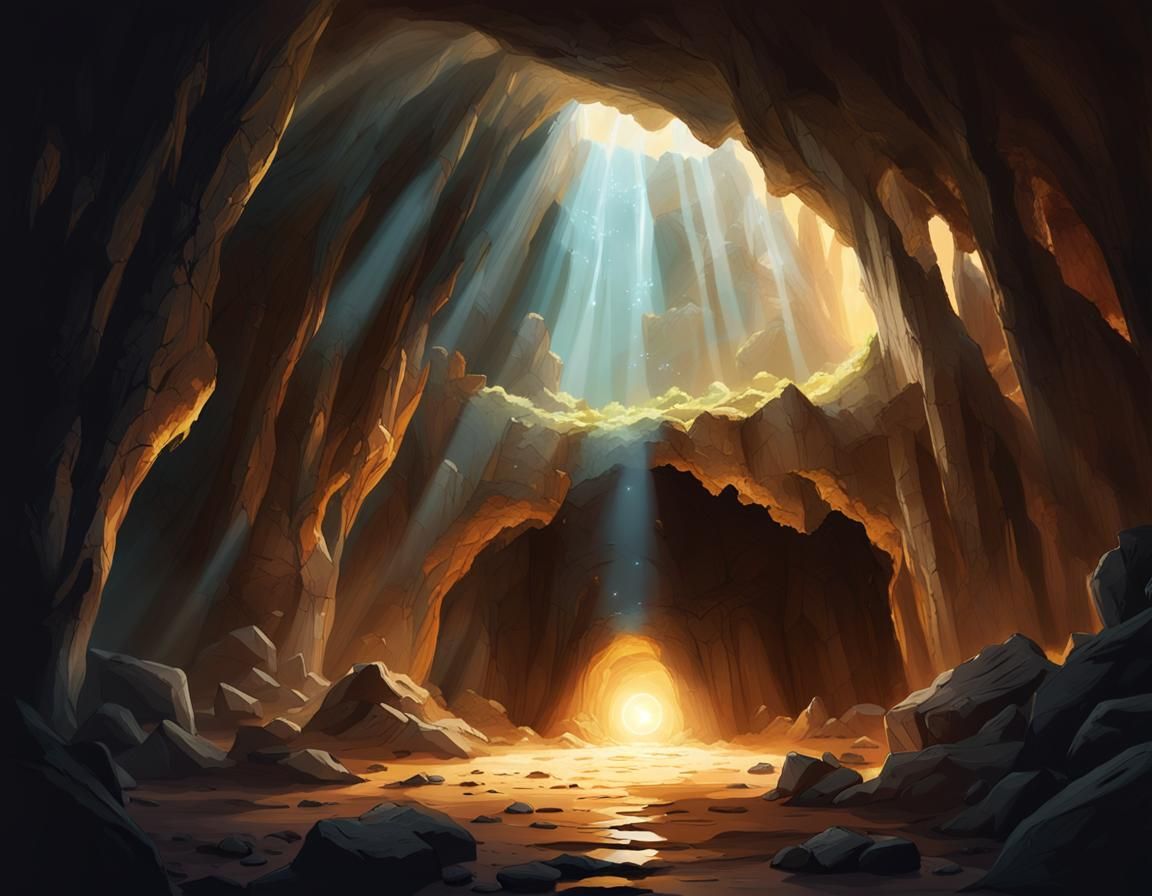 Mystical Cave with Glowing Crystal in Dark Fantasy Style