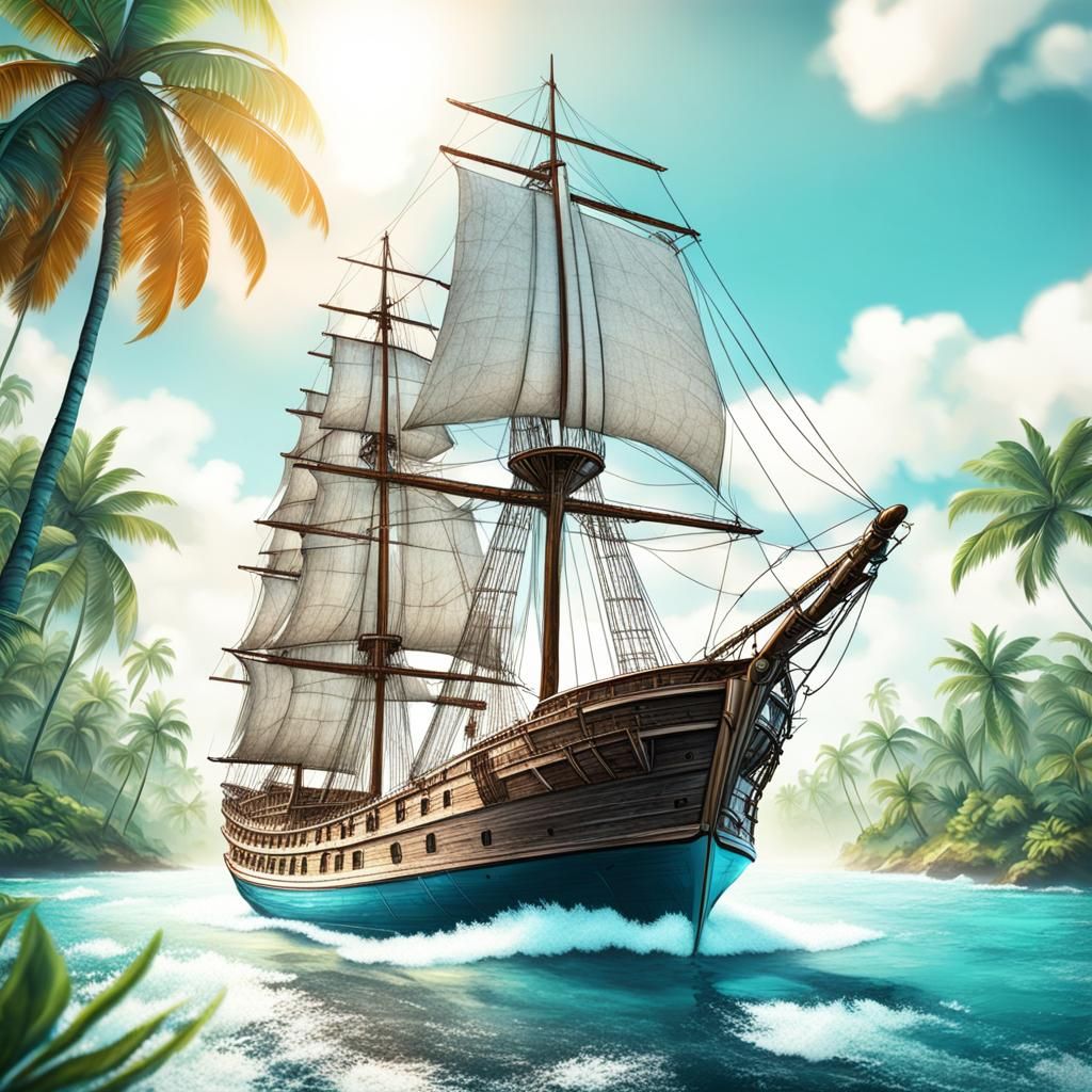 Calypso Ship Sailing in Tropical Comic Style
