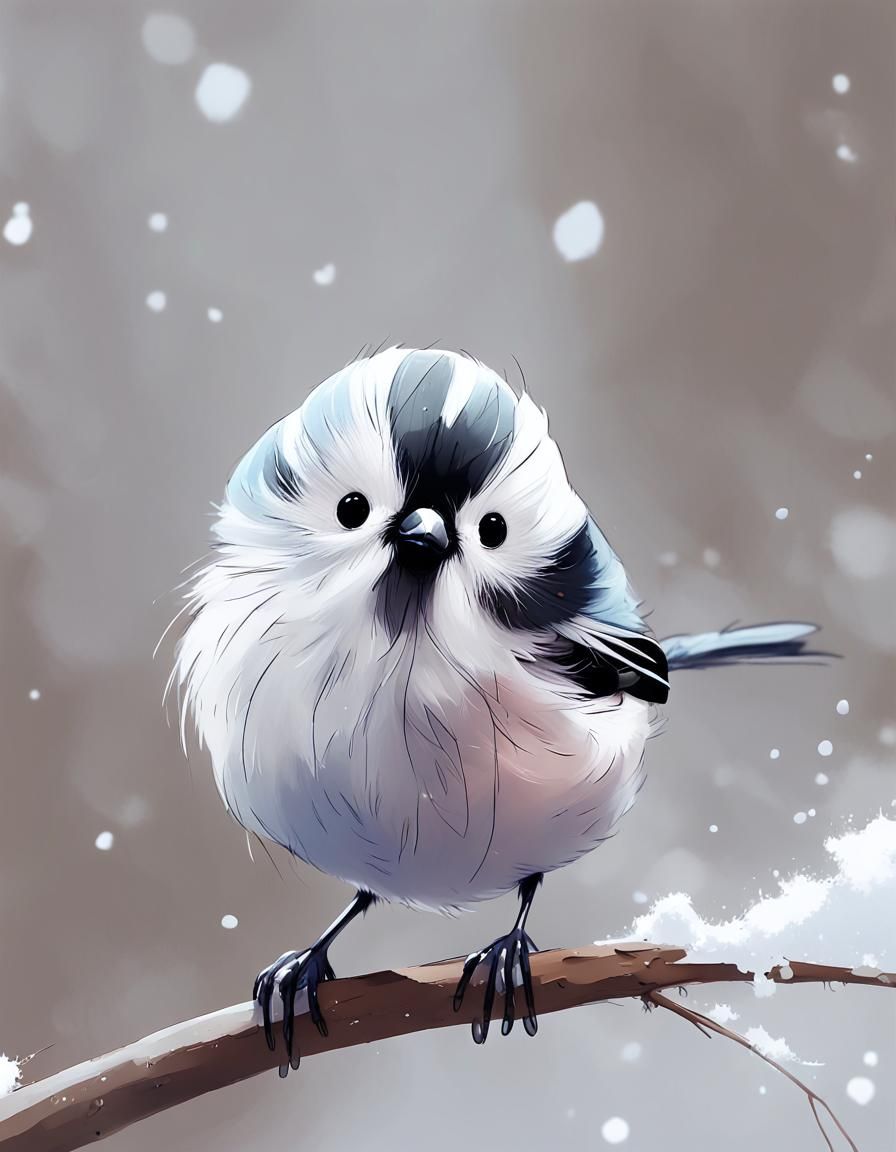 Adorable White Tit Bird in Cartoon Style