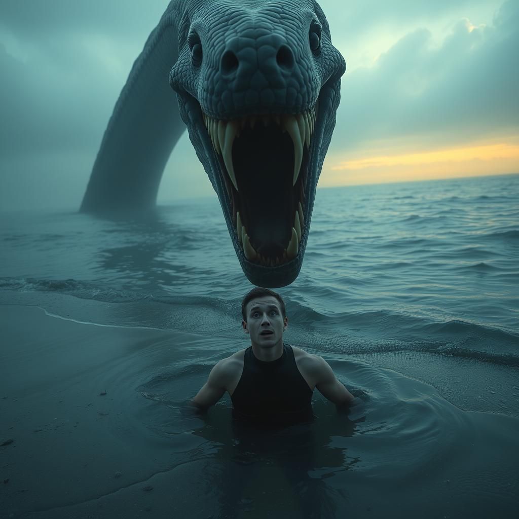 Thalassophobia: Swimmer Confronts Sea Serpent in Abyss