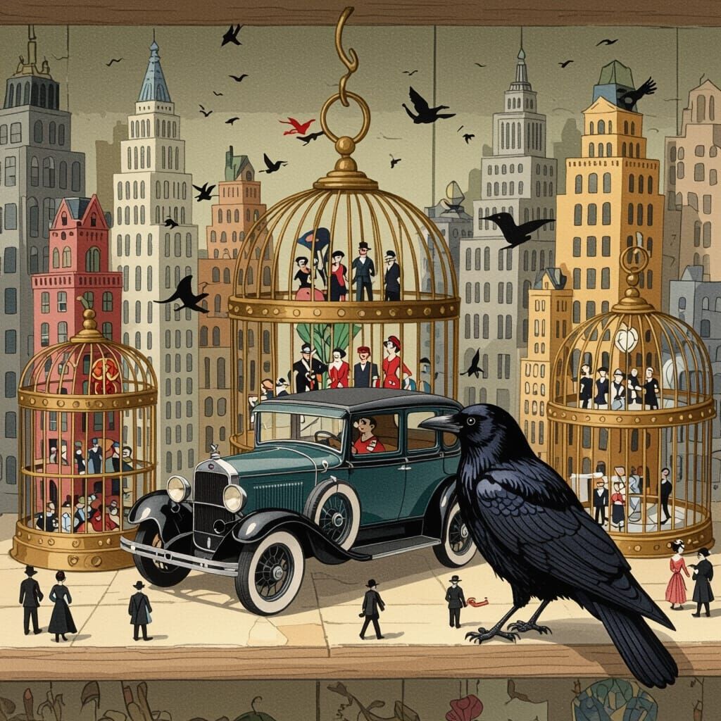 Miniature Manhattan in Birdcage, Cubist Watercolor