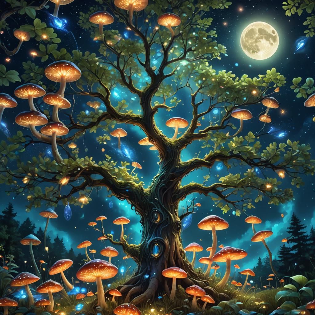 Mystical Glowing Tree in Fantasy Landscape