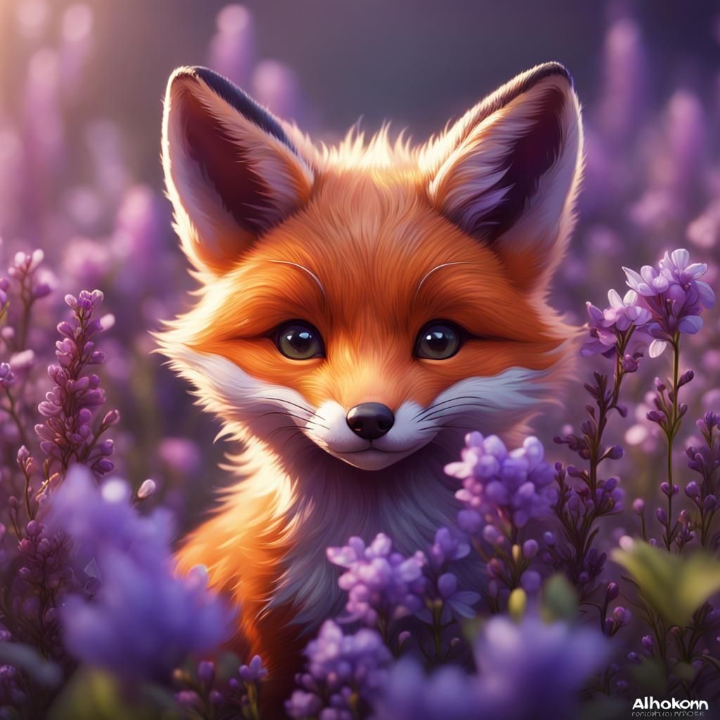 Baby Fox Portrait in Purple Flowers, Hyperdetailed Digital A...