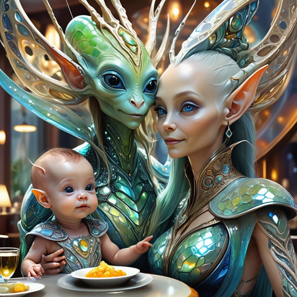 Elven Goddess Fine Dining with Alien Family