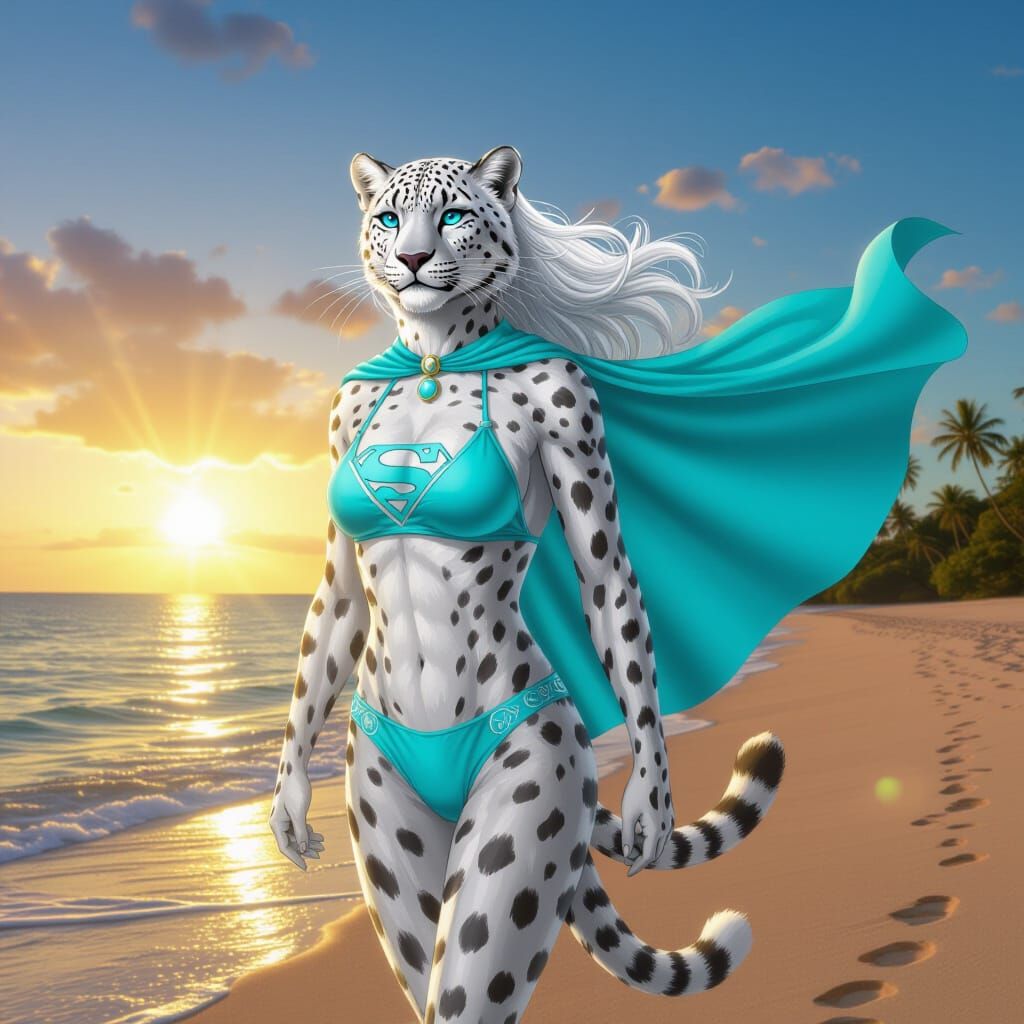 Snow Leopard Superheroine on Tropical Beach at Sunset