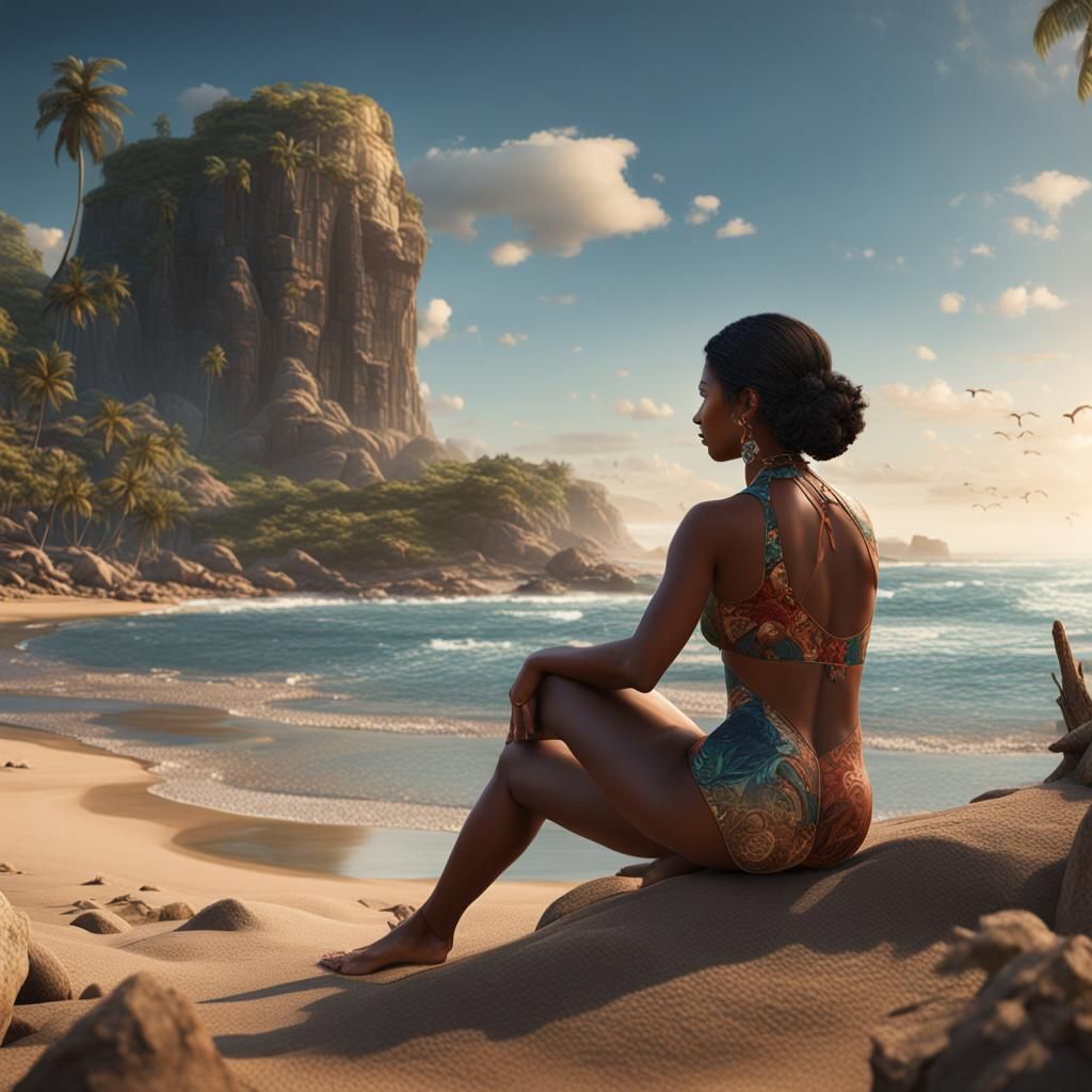 Latin Woman on Beach in Cow Position