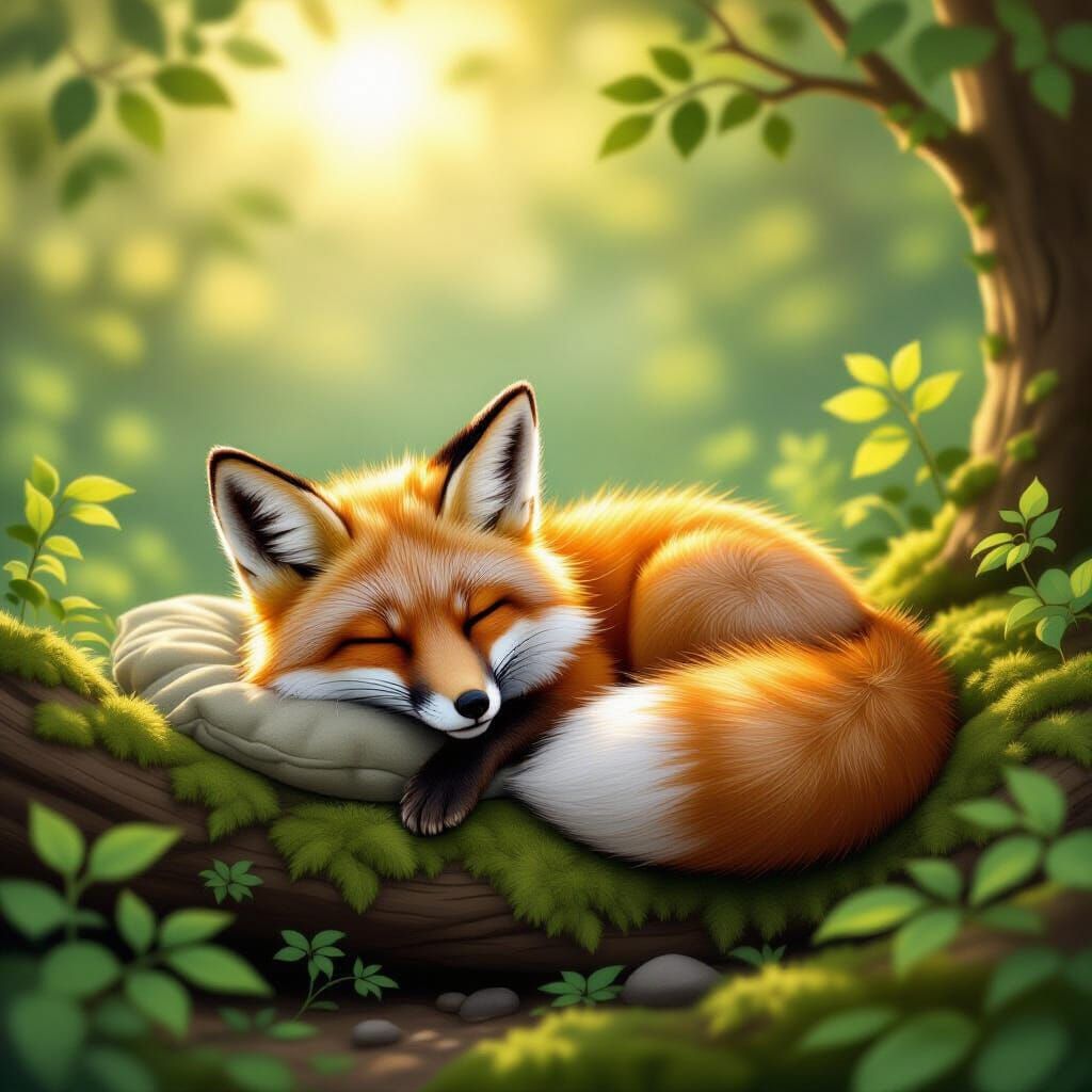 Relaxed Fox Lounging in Cozy Forest
