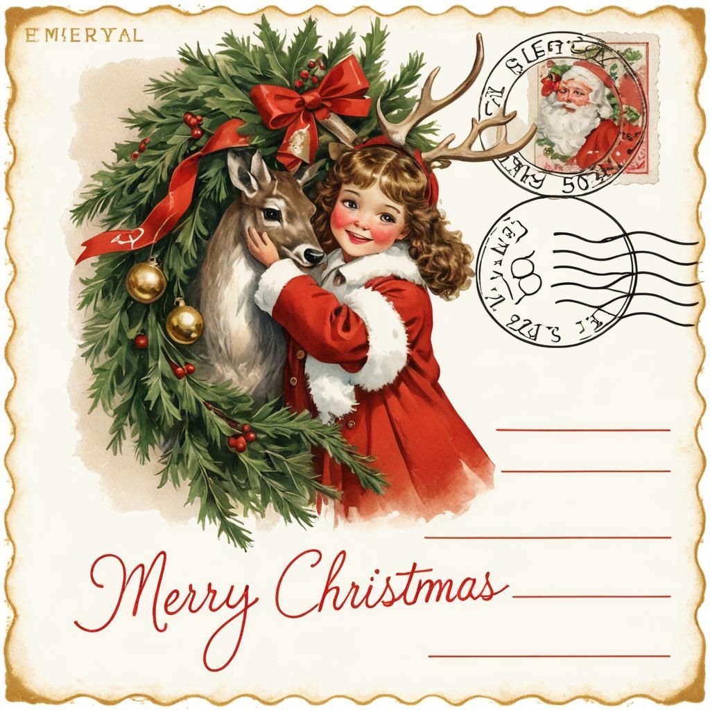 Retro Christmas Postcard with Girl and Reindeer