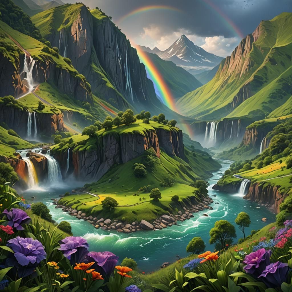 Rainbow Over Lush Green Mountain Clipart