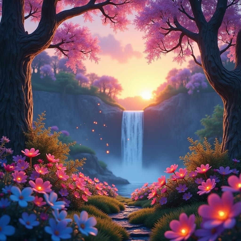 Rainbow Garden at Sunset: A Digital Matte Painting