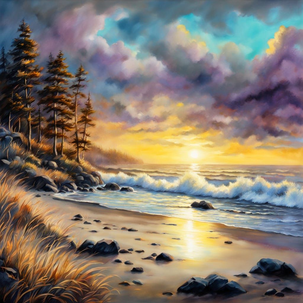 Summer Beach Shore in Ethereal Gouache Style
