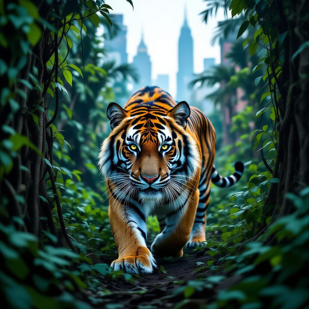 Bioluminescent Tiger Prowls Urban Jungle in Hyperrealism
