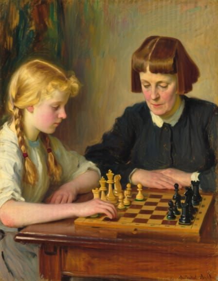 Mother and Daughter Chess Match in Impressionist Style