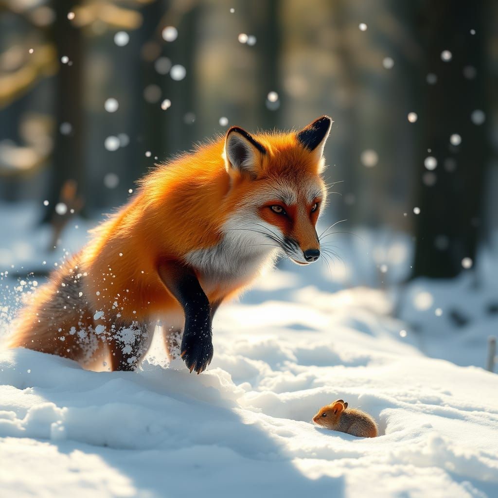 Red Fox Plunges Into Snow Catching Prey