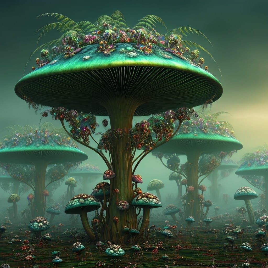 Bioluminescent Mushroom Trees in Alien Landscape