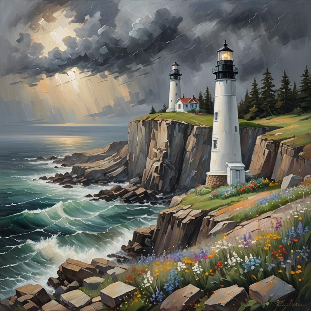 Stormy Coastal Lighthouse Impressionist Oil Painting