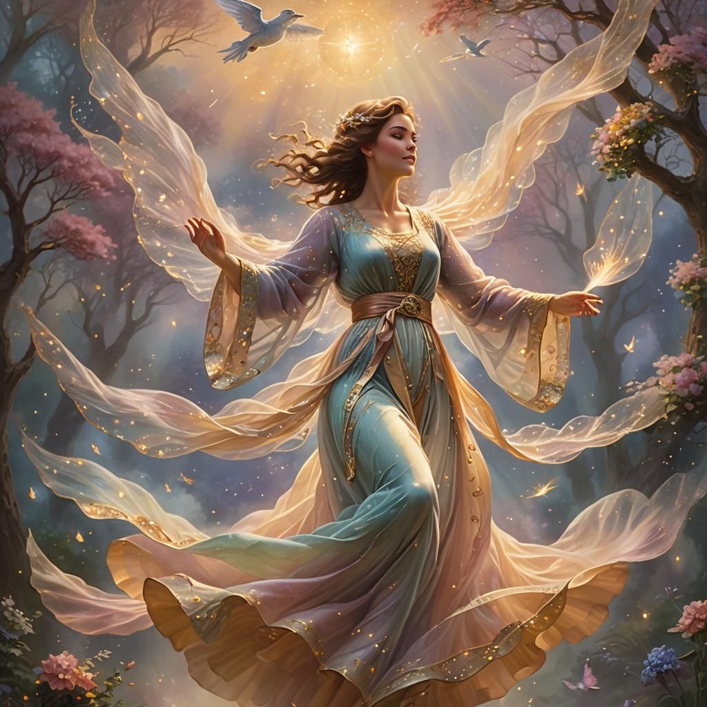 Wise Woman Weaving Light in Ethereal Fantasy