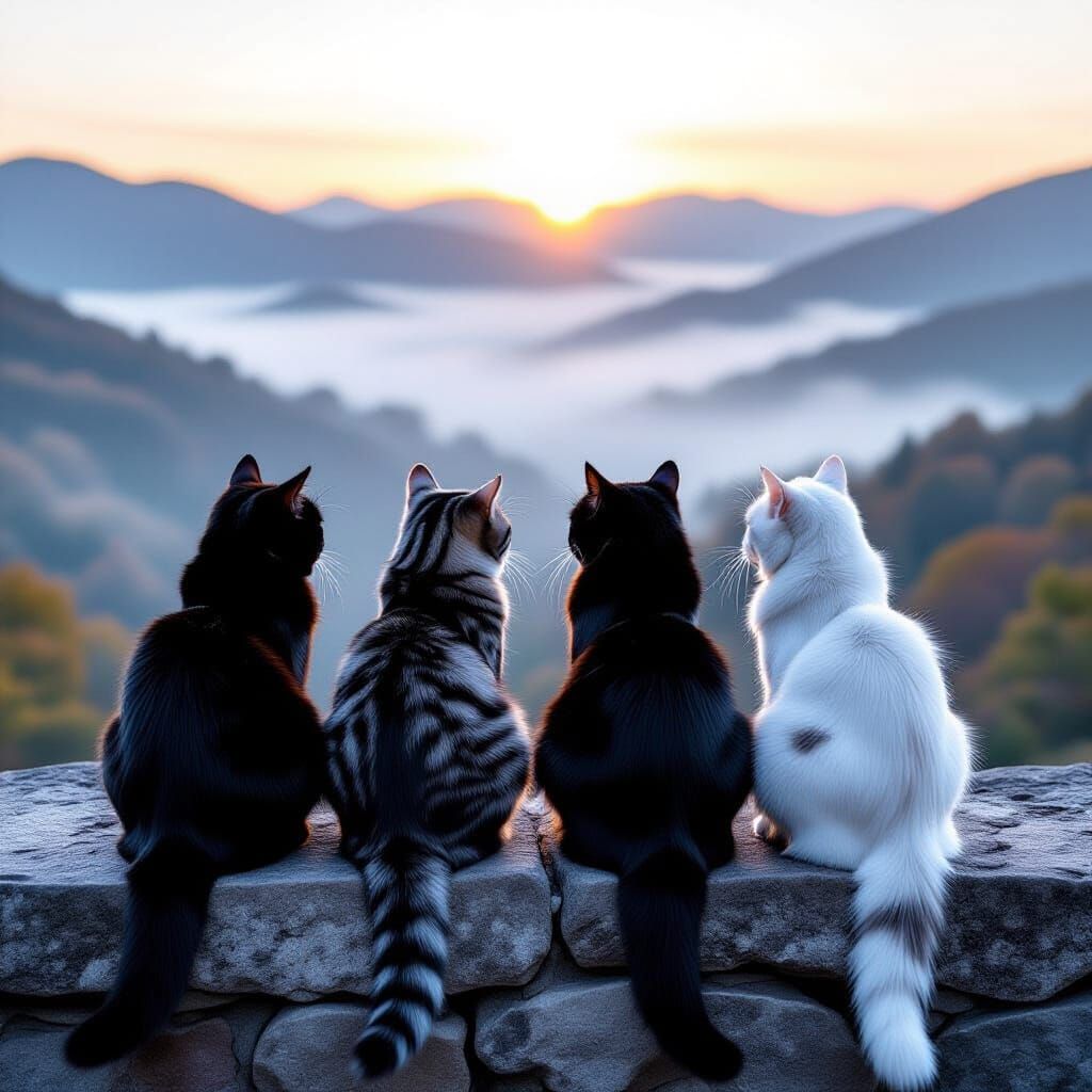 Four Cats Watch Dawn Break Over Misty Valley