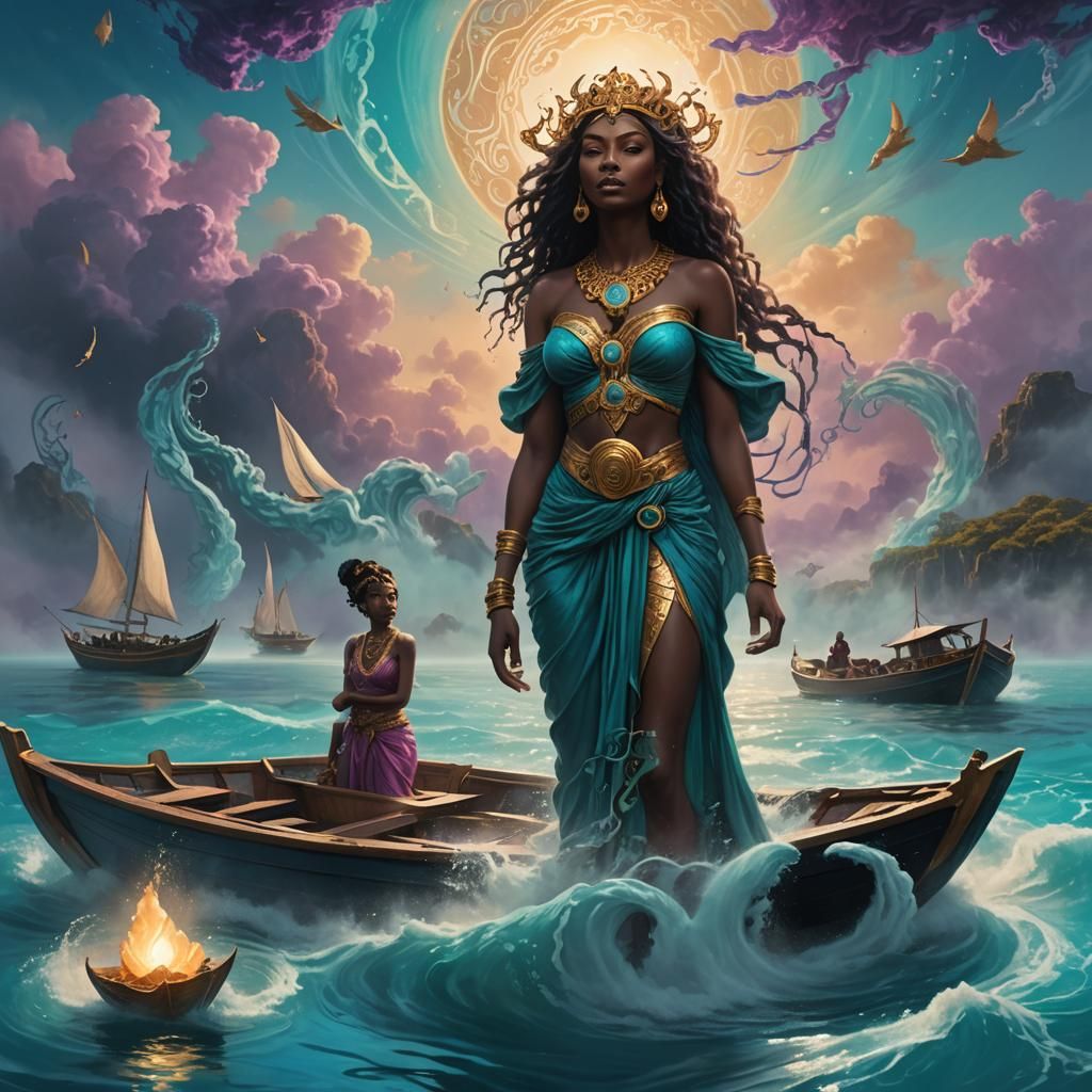 Black Goddess in Water with Boat and Ancestors
