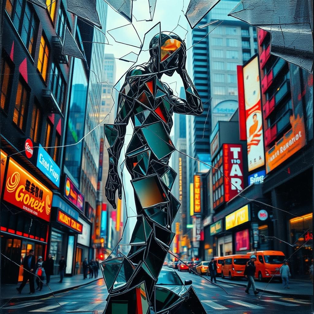 Contemplative Figure in Fractured Urban Landscape