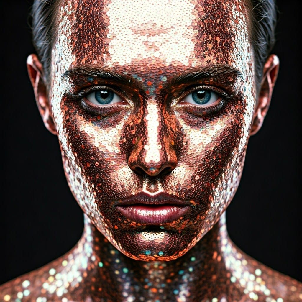 Ethereal Portrait in Shimmering Sequins Illuminated by Color...