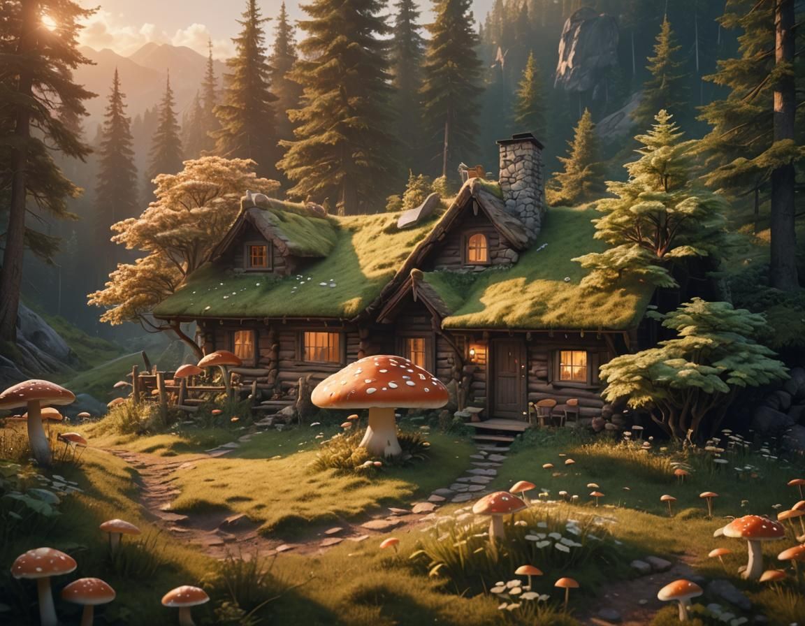 Cabin in Mushroom Forest at Sunset