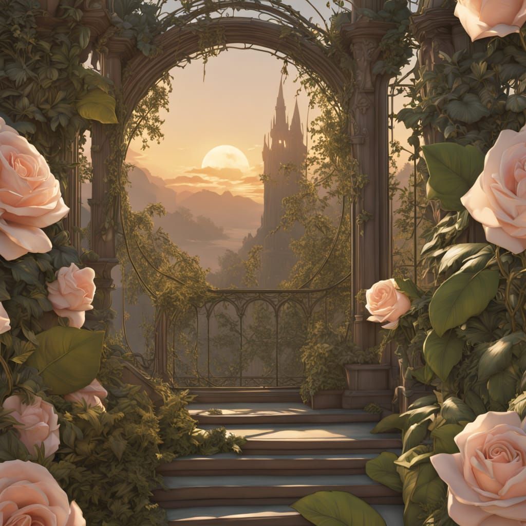 Majestic Rose in Forest, Art Nouveau Style