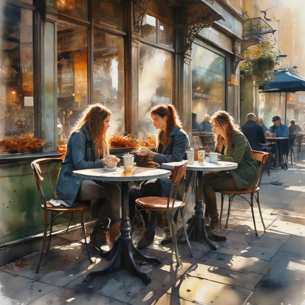 Intimate Cafe Scene in Watercolor Style