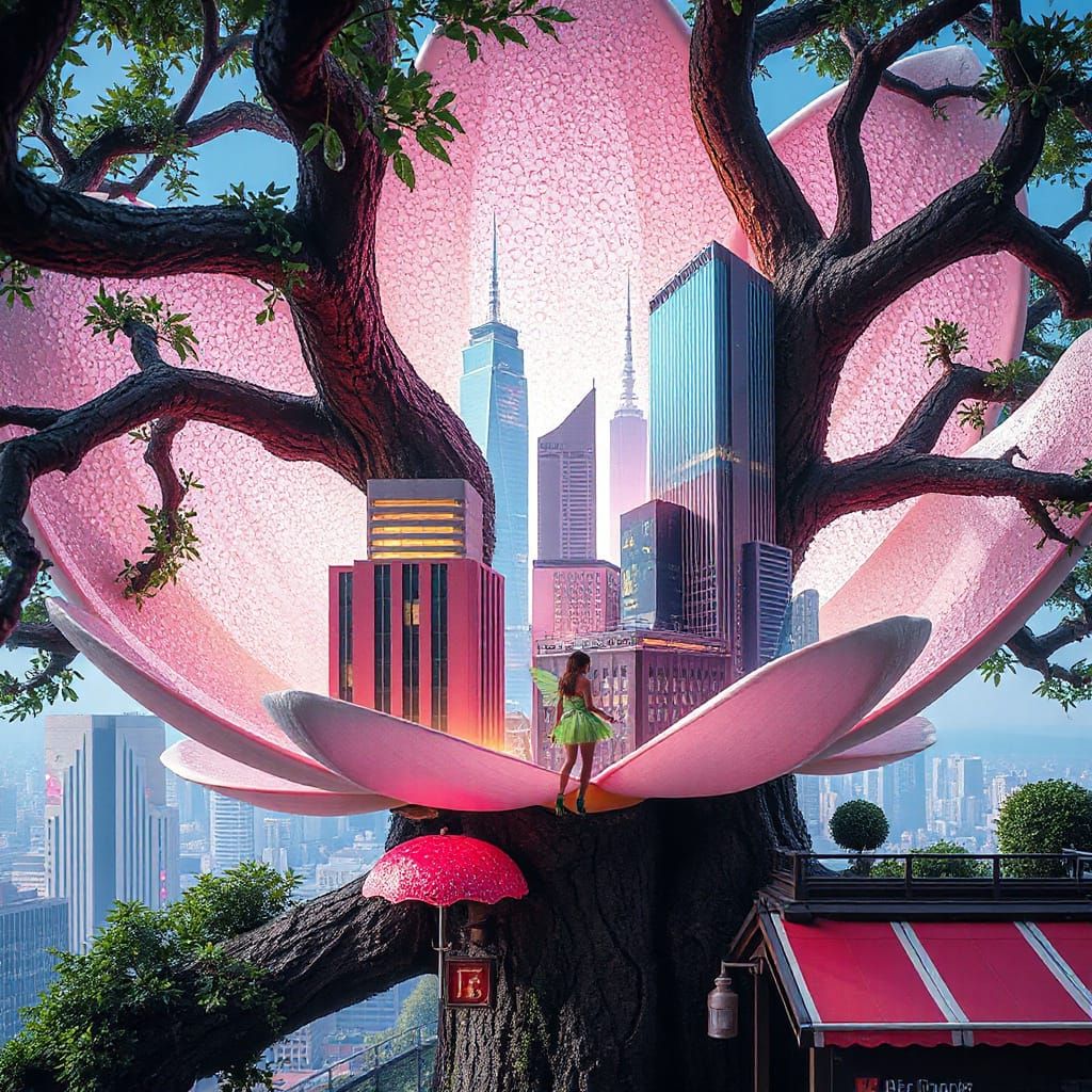 Futuristic City Inside Giant Oak Blossom in 8K