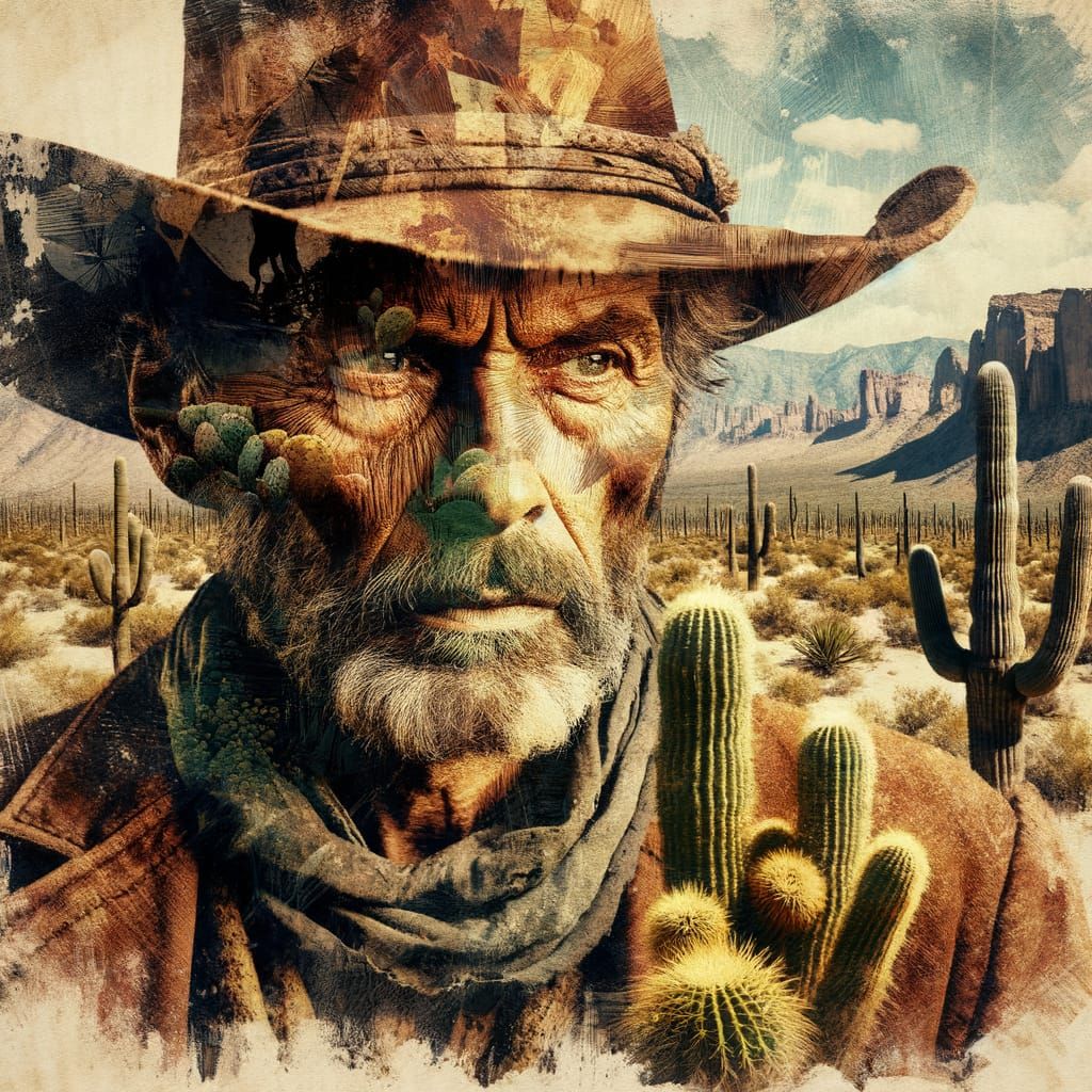 Weathered Cowboy Face in Desert Double Exposure